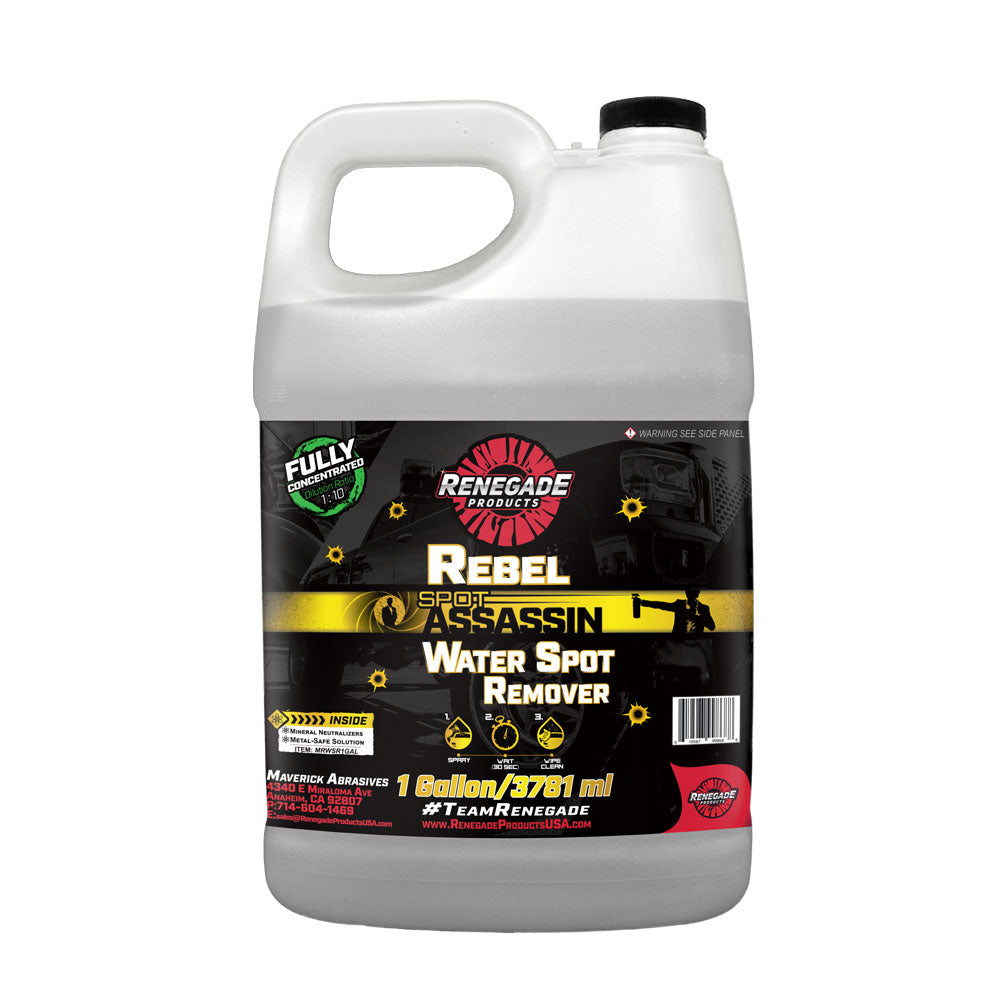 Renegade Spot Assassin Water Spot Remover bottle with label detailing its use on car surfaces to dissolve mineral stains.
