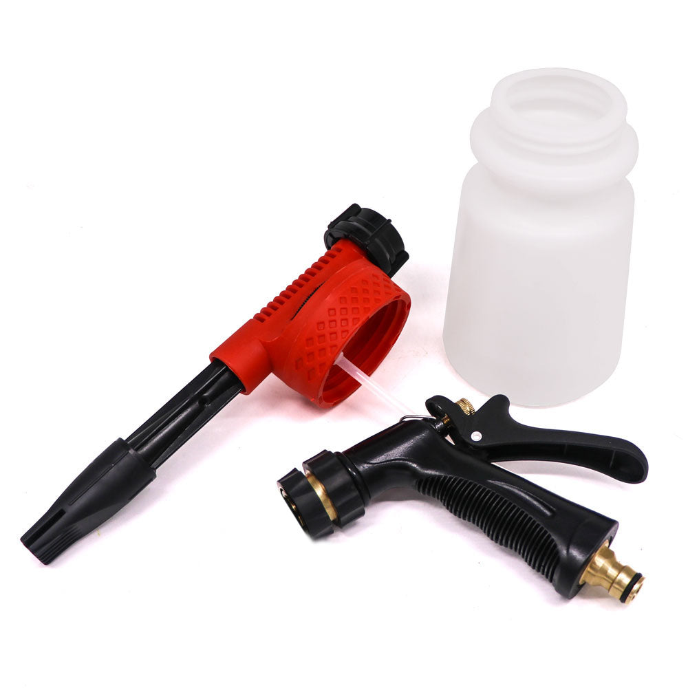 Renegade Hose Foam Gun attached to garden hose, ready to dispense foam with Quick Release Nozzle feature.