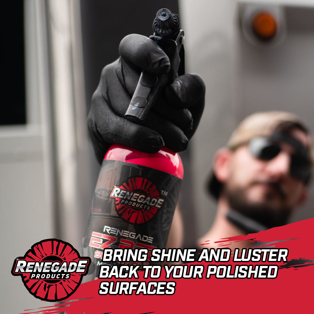 Renegade EZ Red Sprayable Metal Polish bottle, ideal for restoring shine to metal surfaces with ease.