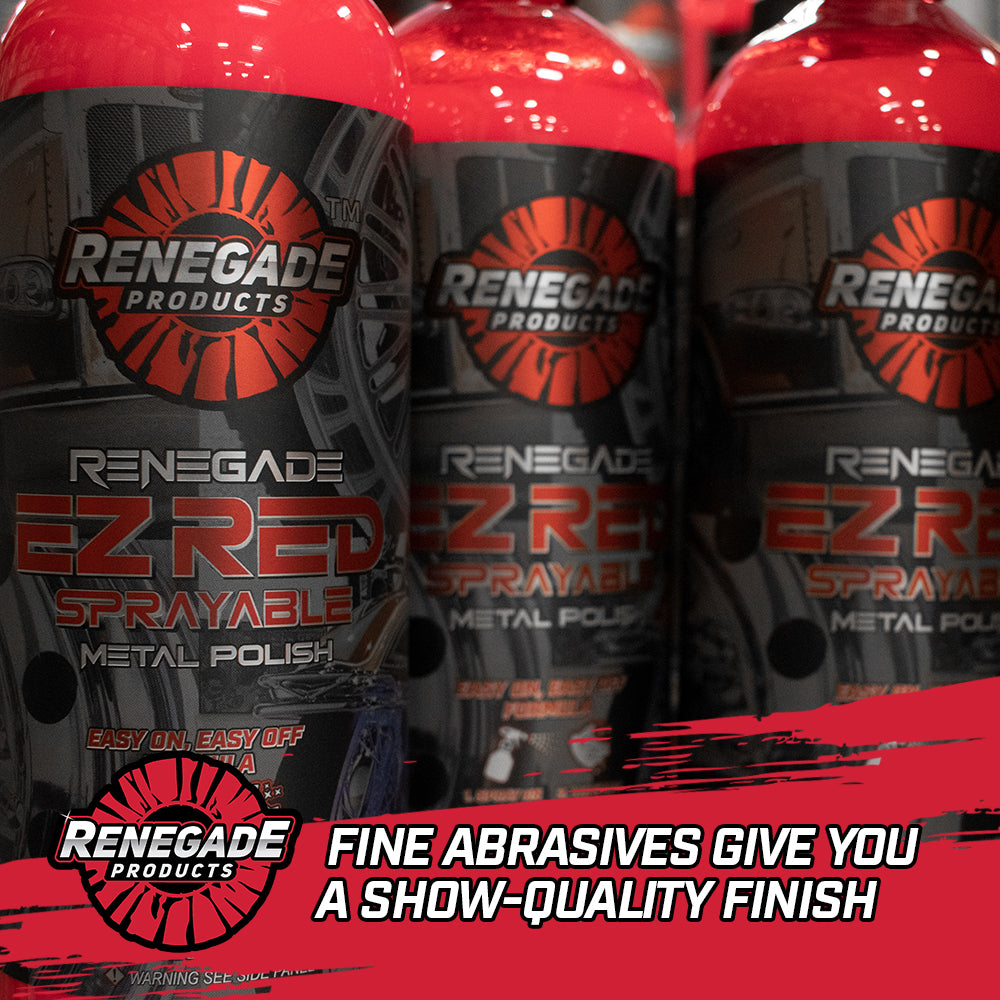 Alt text: Bottle of Renegade EZ Red Sprayable Metal Polish designed for easy application and superior shine on metal surfaces.