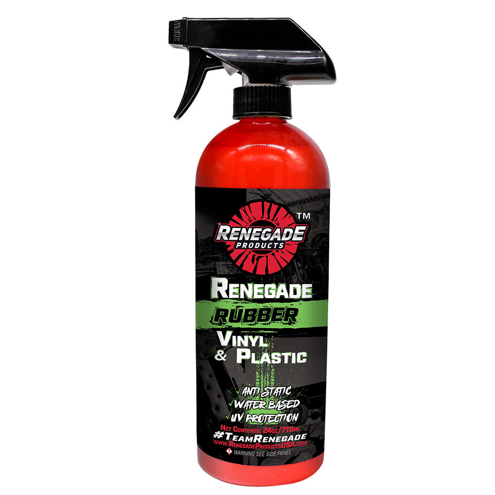 Bottle of Renegade Rubber, Vinyl, & Plastic Conditioner with microfiber towel and treated car interior surfaces.