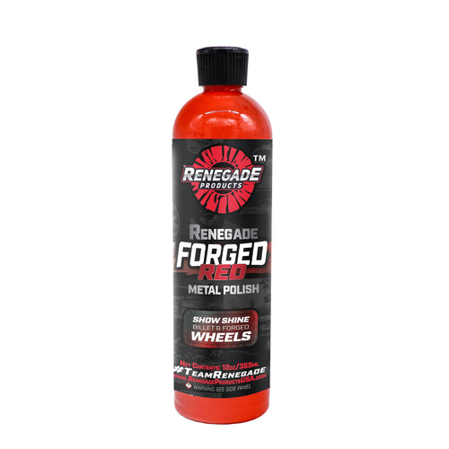 Close-up image of Renegade Forged Red Metal Polish container with logo, emphasizing its use for polishing and protecting aluminum wheels.