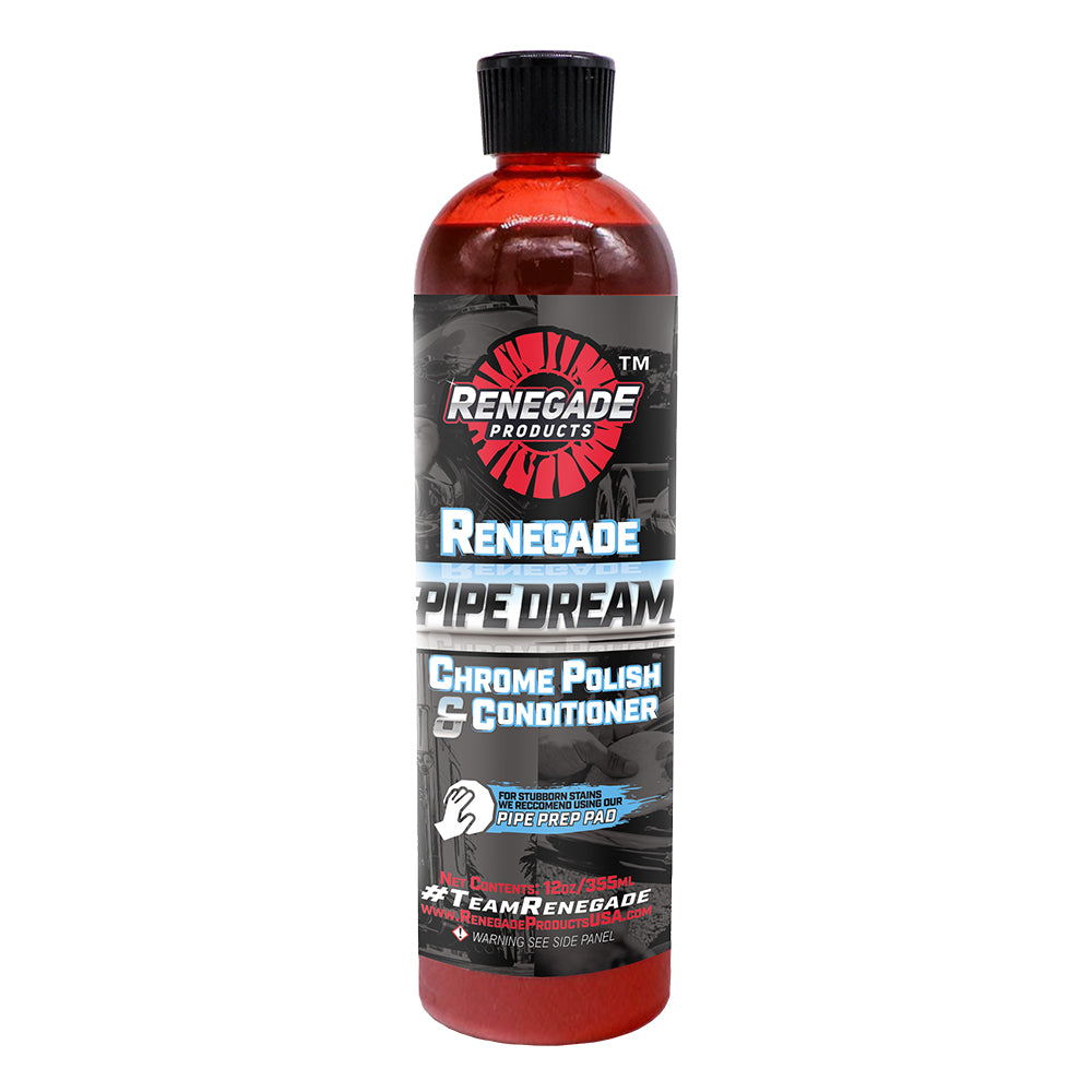 Man applying Renegade Pipe Dream Chrome Conditioner on chrome pipe, demonstrating polish effect.