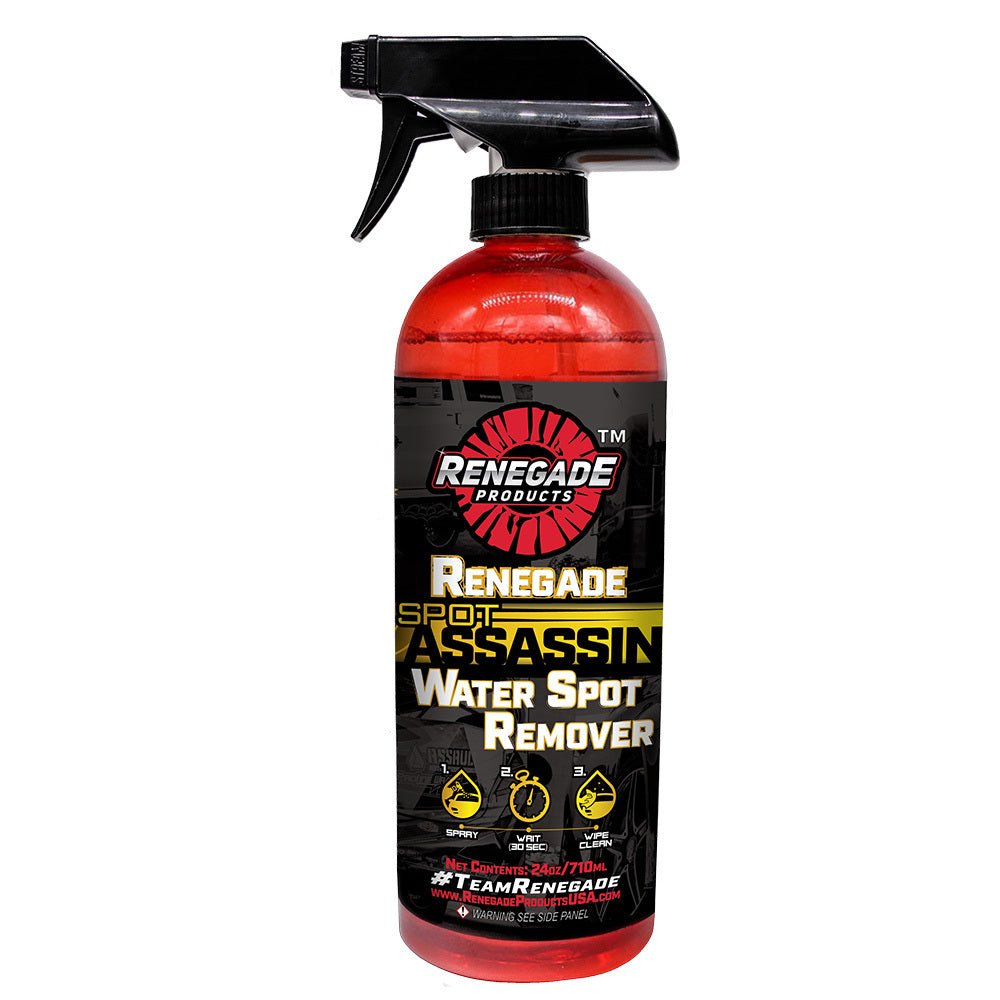 Image of Renegade Spot Assassin Water Spot Remover bottle, designed to safely remove tough water spots from various surfaces.