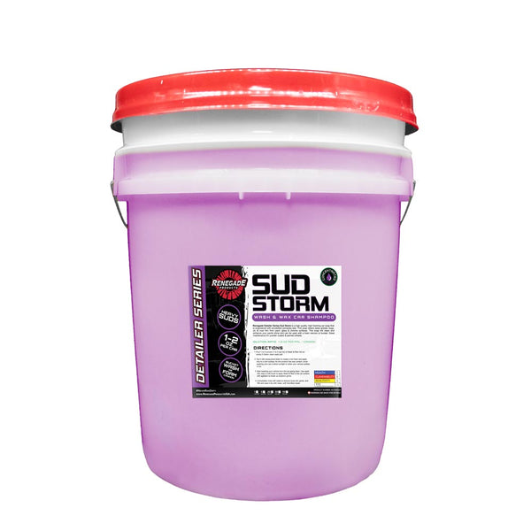 Bottle of Sud Storm Wash, Wax, & Shampoo, a high-foaming car soap with carnauba wax for paint and chrome.