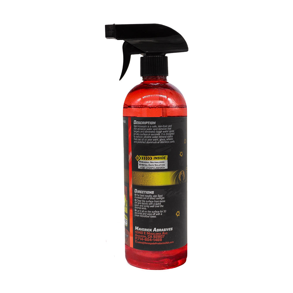 Bottle of Renegade Spot Assassin Water Spot Remover designed to neutralize tough mineral stains on vehicle surfaces.