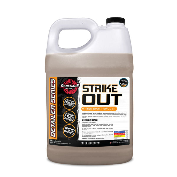 16 oz bottle of Strike Out Water Spot Remover for removing hard water marks and mineral deposits from vehicle surfaces.