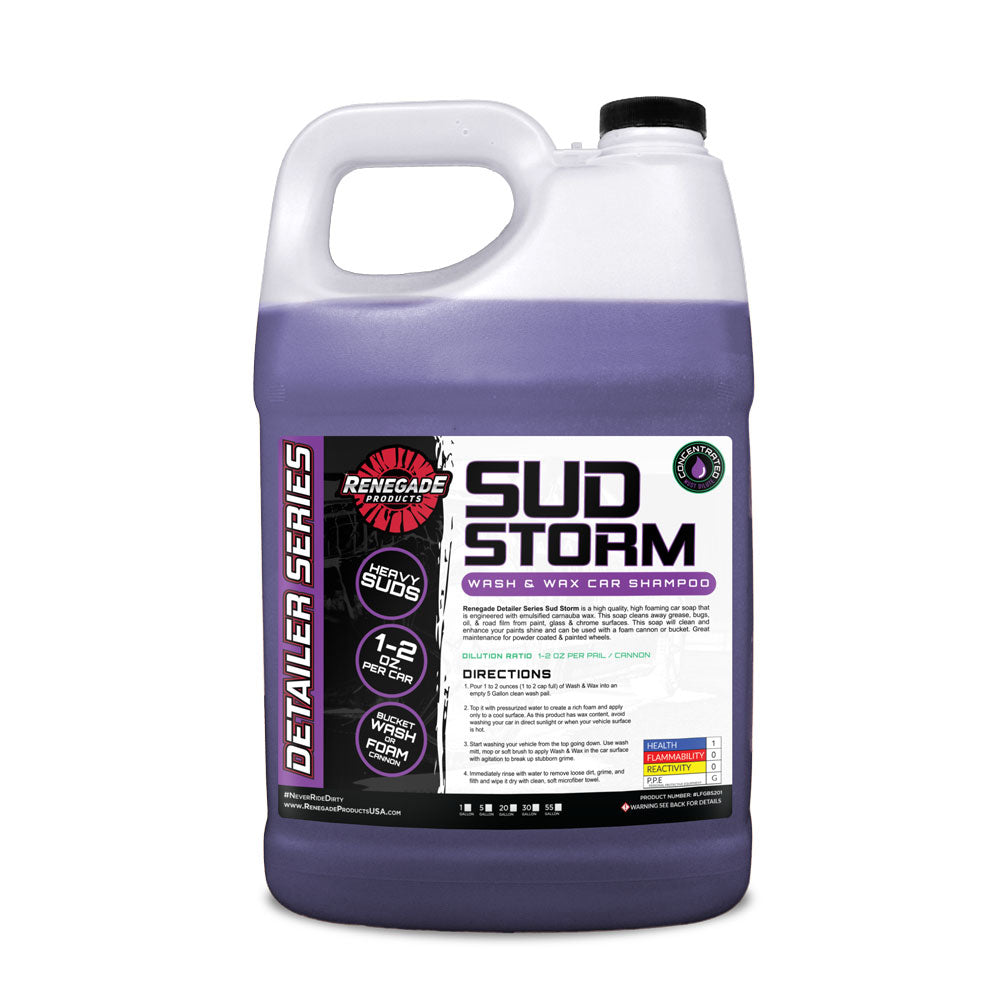 Image of Sud Storm Wash, Wax, &amp; Shampoo bottle, a high-foaming car soap with carnauba wax for thorough cleaning.