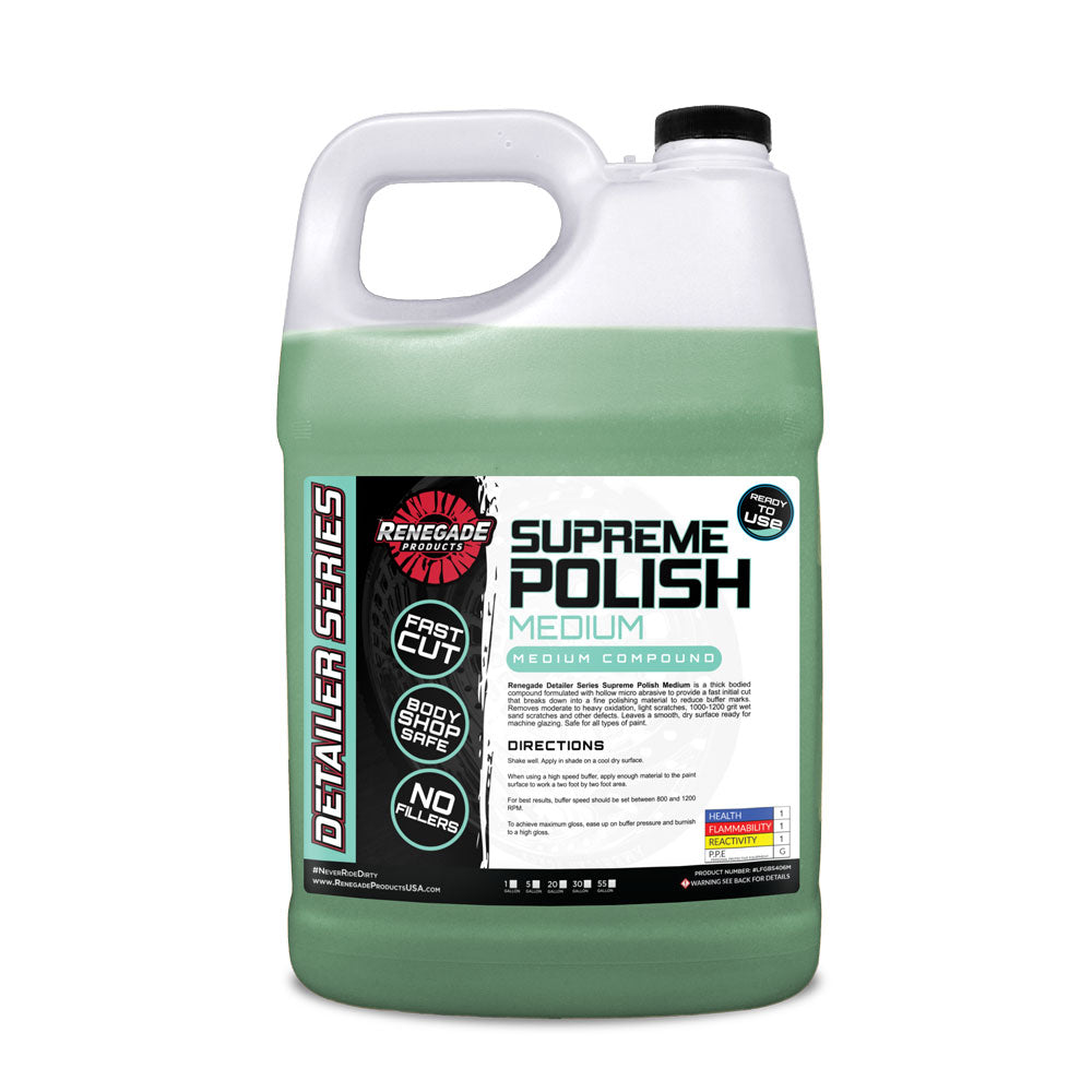 Alt text: Variety of Supreme Paint Correction Polishing Compounds, including fine, medium, coarse, and all-in-one options.