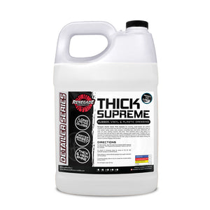 Bottle of Thick Supreme Rubber, Vinyl, & Plastic Dressing for vehicle care, displayed with microfiber pads and towels.