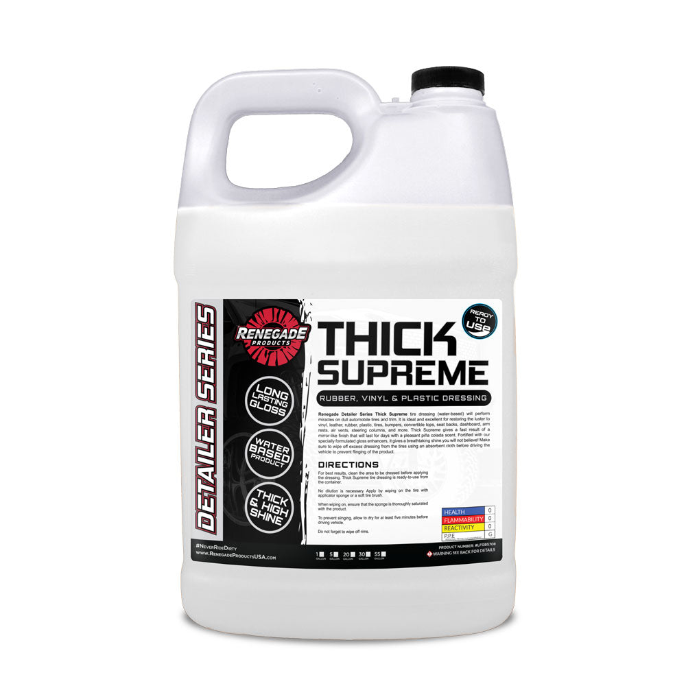 Alt text: Bottle of Thick Supreme Rubber, Vinyl, &amp; Plastic Dressing for vehicle care, displayed with microfiber pads and towels.