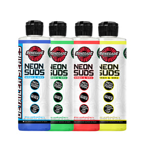 Neon Suds Colored Wash & Wax in red, blue, green, and yellow for vibrant foam cannon output and enhanced gloss.