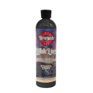 Renegade White Lines Whitewall Tire Cleaner bottle with instructions for reviving and cleaning tires.