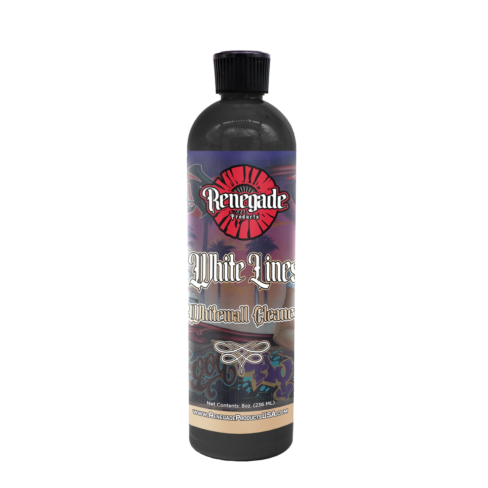 Renegade White Lines Whitewall Tire Cleaner bottle with instructions for reviving and cleaning tires.