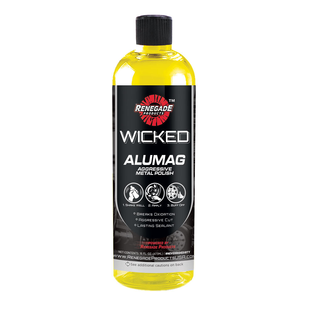 Alt text: Wicked Alumag Metal Polish container designed to clean, restore, and polish aluminum surfaces effectively.