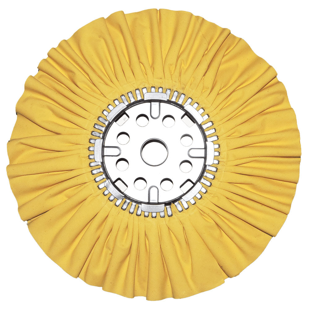 14&quot; yellow airway buffing wheel with center plate, manufactured by Renegade Products, designed for efficient and effective buffing tasks.