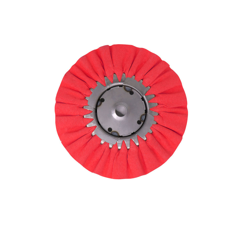 8-inch Airway Buffing Wheel with Welded Centerplate, presented in bold red by Renegade Products USA. The buffing wheel is designed for professional polishing applications and offers a strong, stable centerplate for secure attachment. Ideal for use on metals and various surfaces, it provides a consistent, high-quality finish.