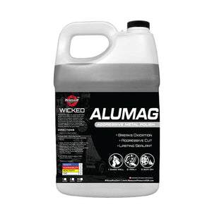 Wicked Alumag Metal Polish container, designed to clean and restore aluminum surfaces, showcasing key features and ingredients.