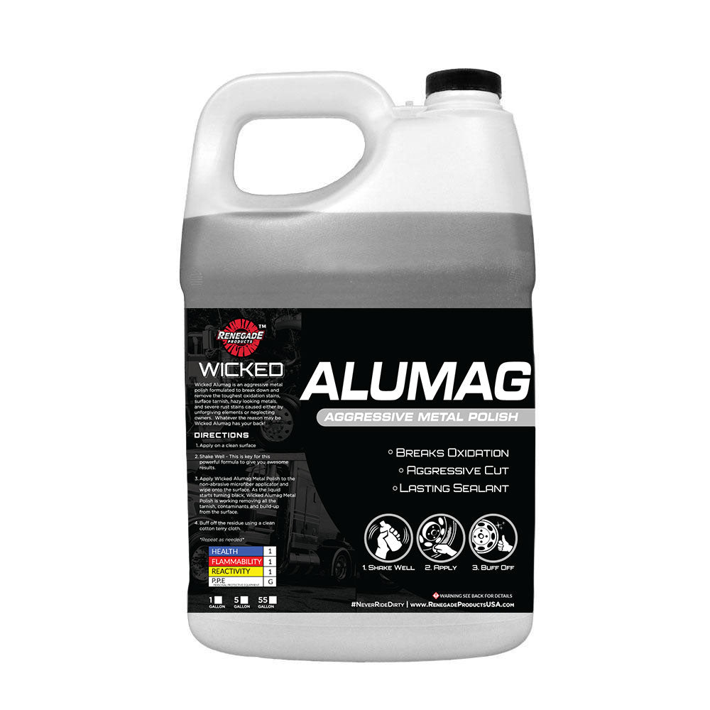Alt text: Wicked Alumag Metal Polish container, designed to clean and restore aluminum surfaces, showcasing key features and ingredients.