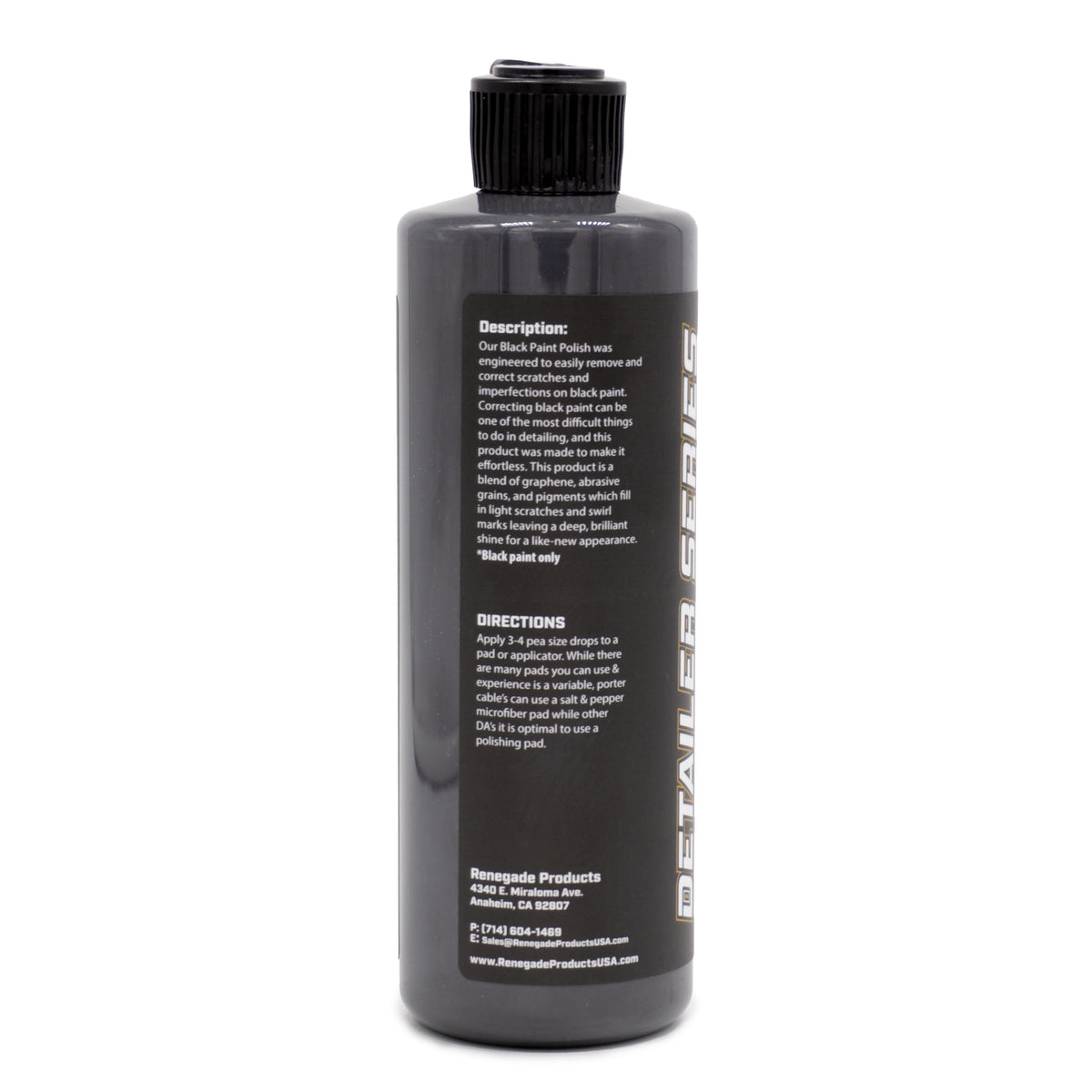 Alt text: 16 oz bottle of Graphene &amp; Ceramic Black Paint Polish, designed for scratch resistance and high gloss finish on vehicles.