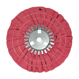 Various 9-inch Stitched Airway Buffing Wheels for metal polishing, displayed in multiple colors for different metals.