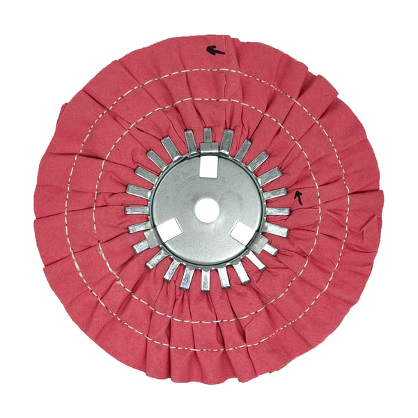 Various 9-inch Stitched Airway Buffing Wheels for metal polishing, displayed in multiple colors for different metals.