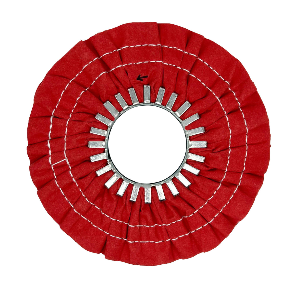 Array of 9-inch Stitched Airway Buffing Wheels, color-coded for different metals, displayed with polishing compounds.
