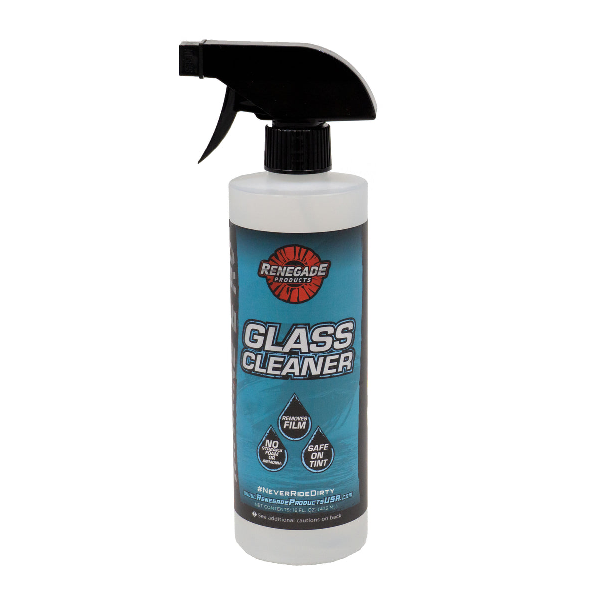 Alt text: Bottle of Renegade Marine &amp; RV Glass Cleaner next to a clean windshield, demonstrating streak-free shine.