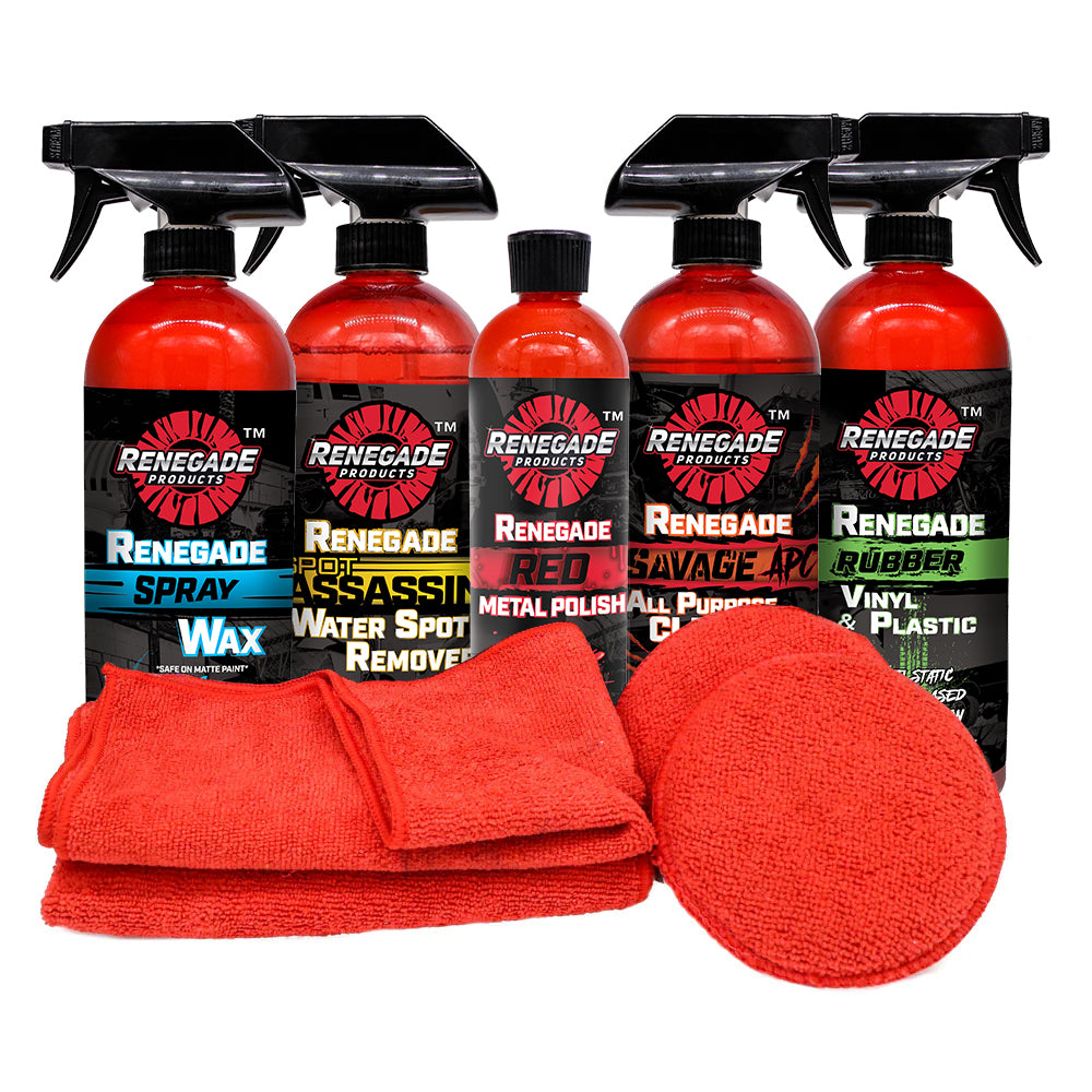 Assorted Cleaning Grab-N-Go Mini Kit by Renegade, including polishes, cleaners, and microfiber towels for vehicle care.