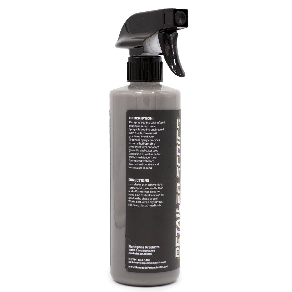 Alt text: 16 oz bottle of Renegade Products Graphene + Ceramic Spray Coating, offering 1-year protection and enhanced gloss.