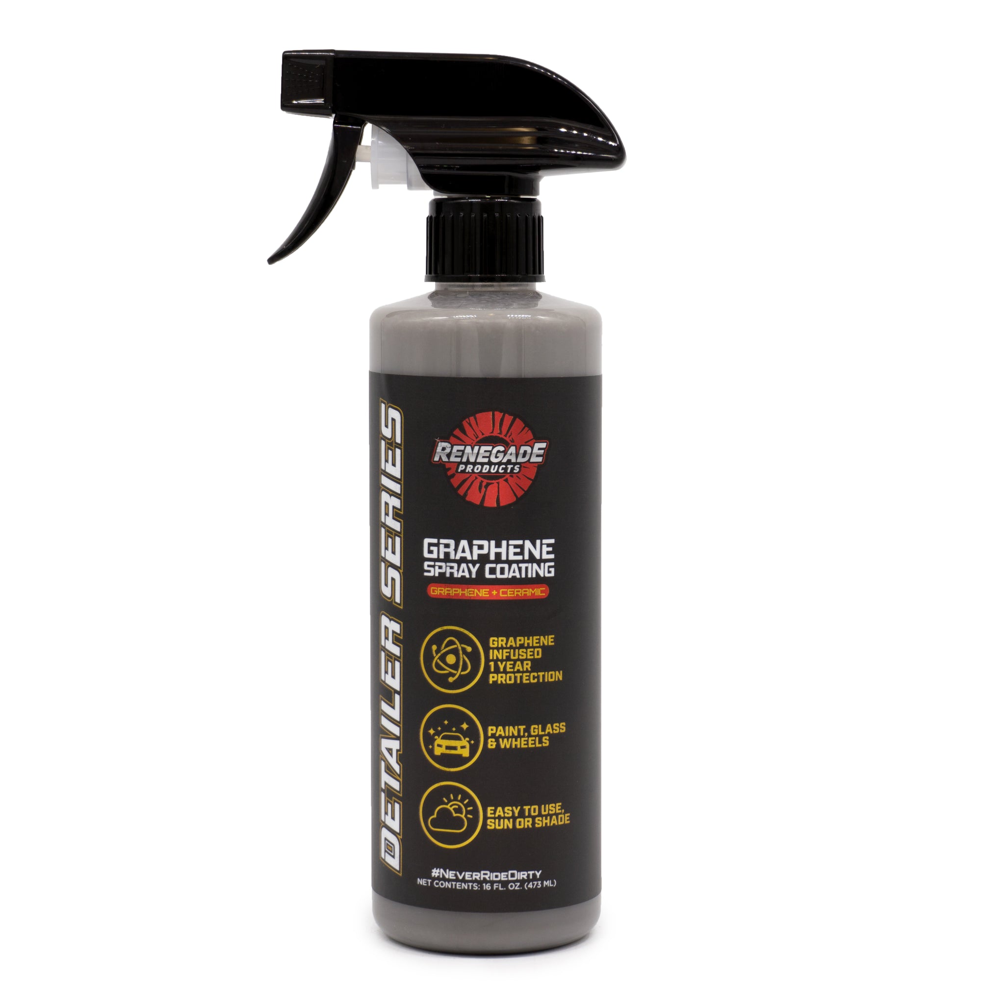 Alt text: 16 oz bottle of Renegade Graphene + Ceramic Spray Coating with hydrophobic and UV protection features.