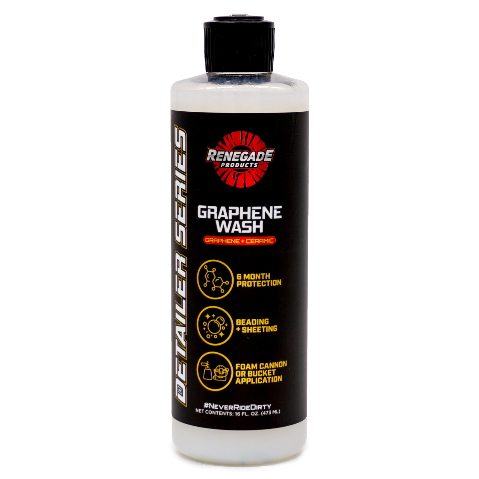 Bottle of Graphene + Ceramic Wash for cars, showcasing its cleaning and protective features for vehicle surfaces.