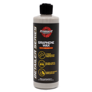 Bottle of Graphene + Ceramic Wax with labels explaining UV protection, water repellency, and durability benefits for car care.