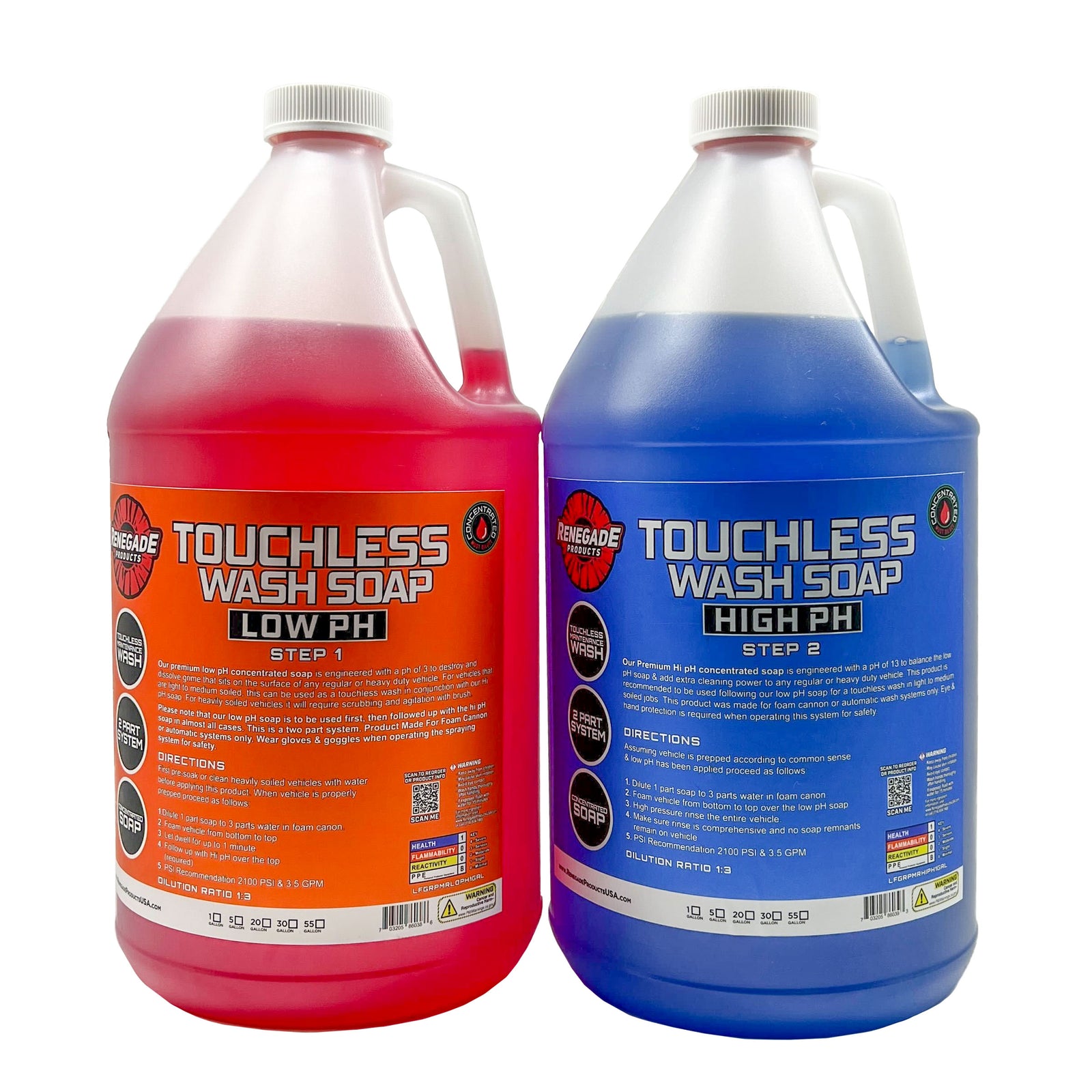 Image of Touchless 2-Step Truck Wash Soap System bottles, ideal for easy and effective cleaning of vehicles without scrubbing.