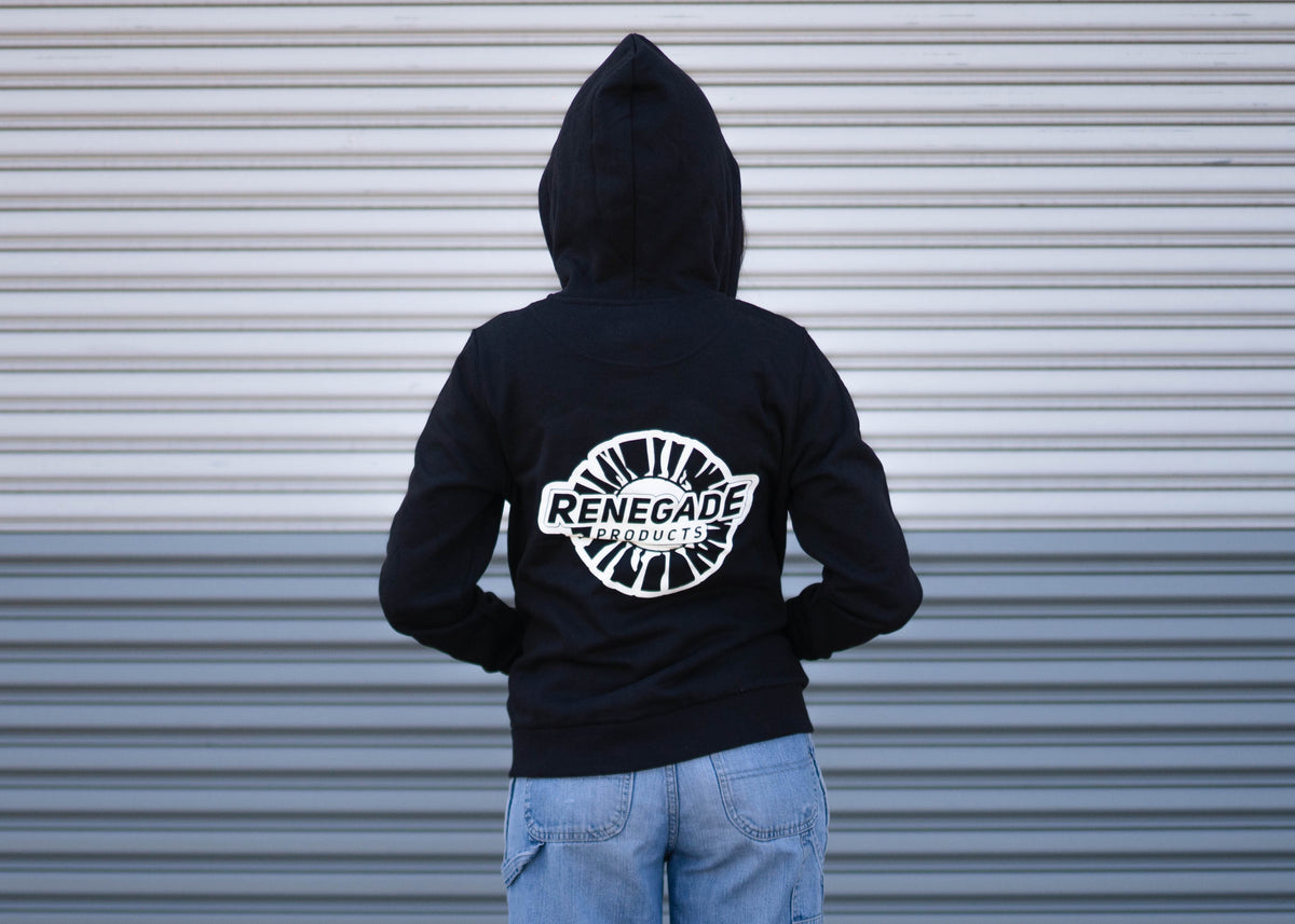 Women wearing a black Renegade Products hoodie with buffing wheel logo, available in black, white, and blush pink.