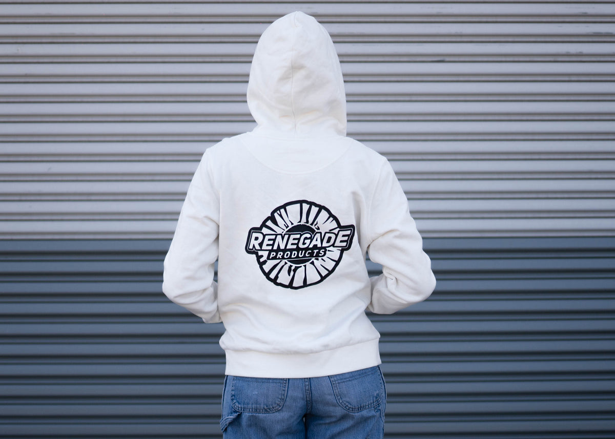 Women&#39;s Renegade Products Hoodie in Black, White, and Blush Pink with Buffing Wheel logo.