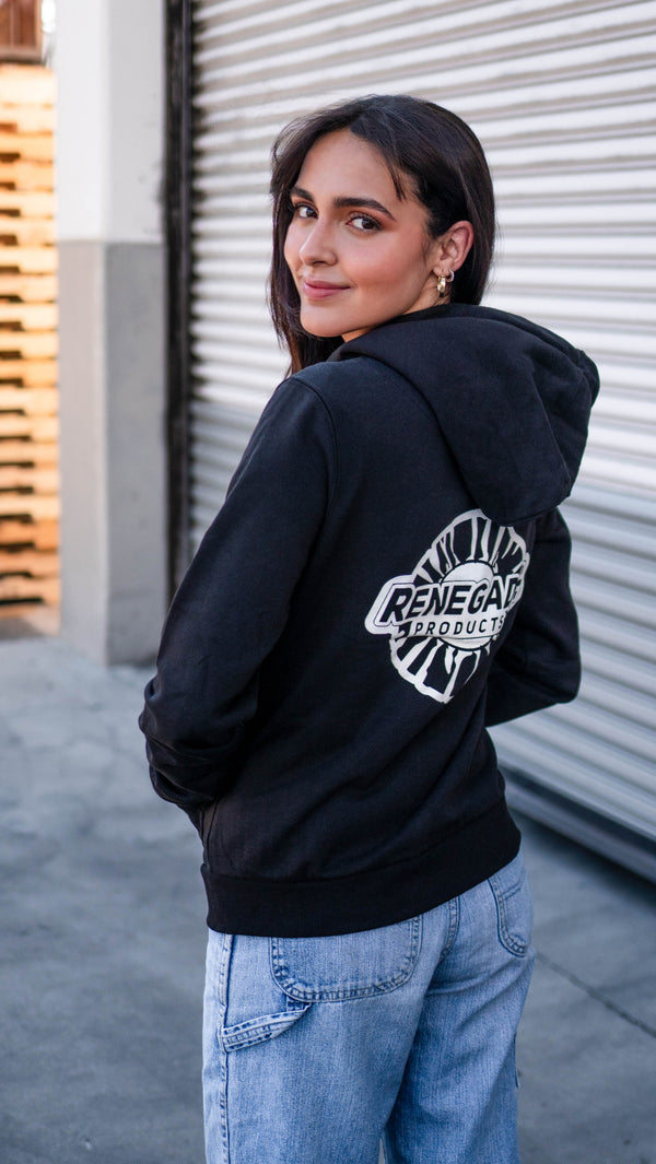 Women's Renegade Products Hoodie in black, white, and blush pink with buffing wheel logo.