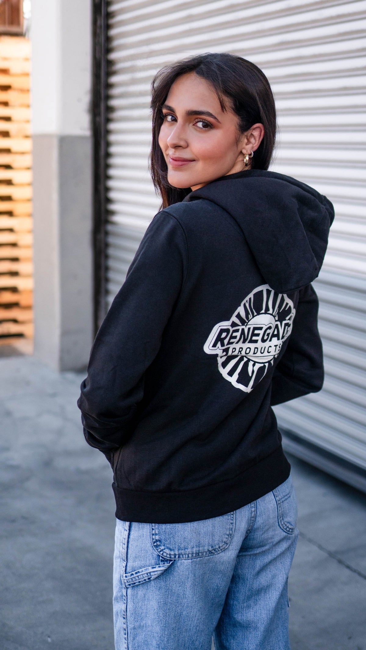 Women&#39;s Renegade Products Hoodie in black, white, and blush pink with buffing wheel logo.