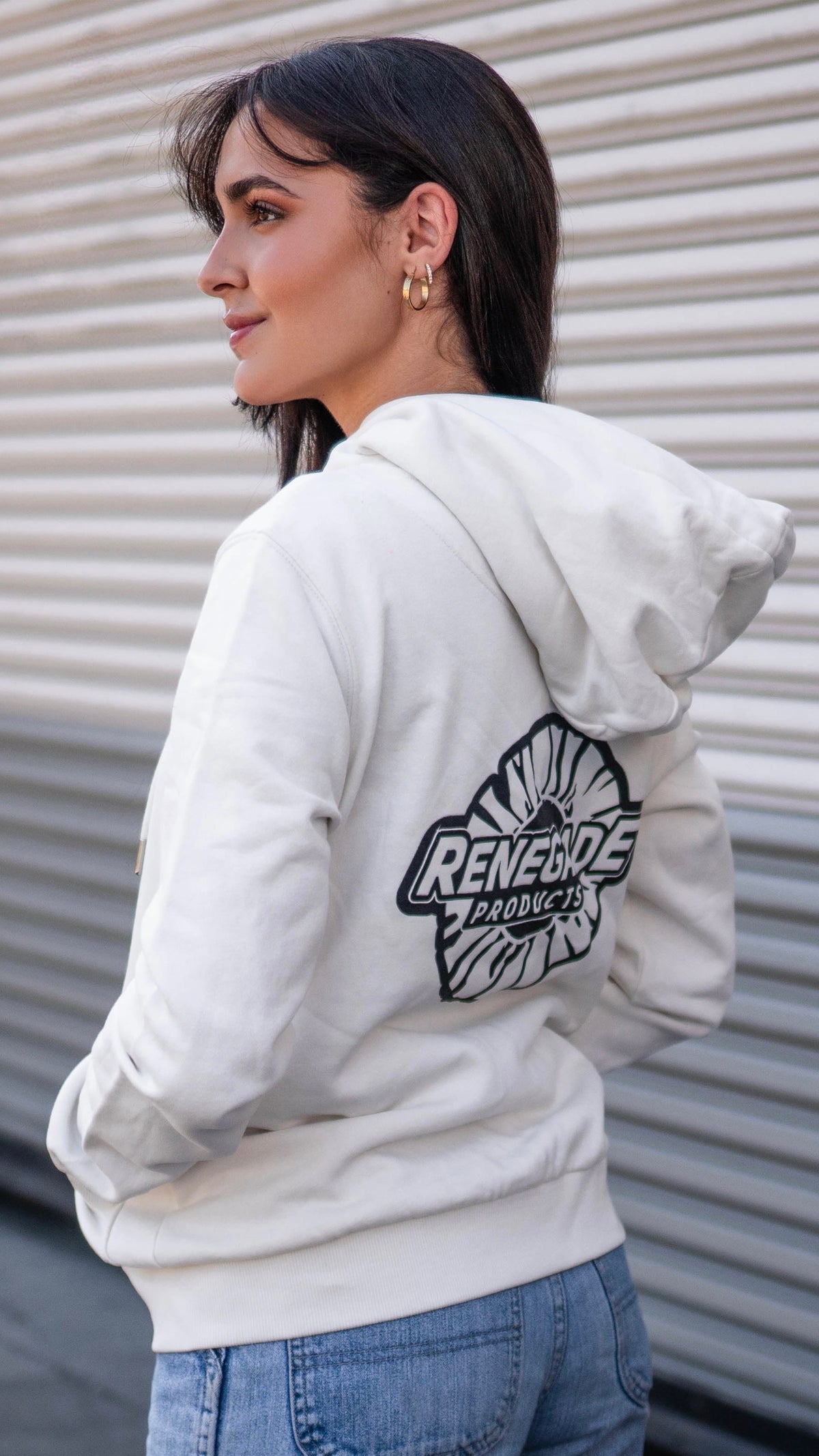Women&#39;s Renegade Products hoodie in black, white, and blush pink with buffing wheel logo.