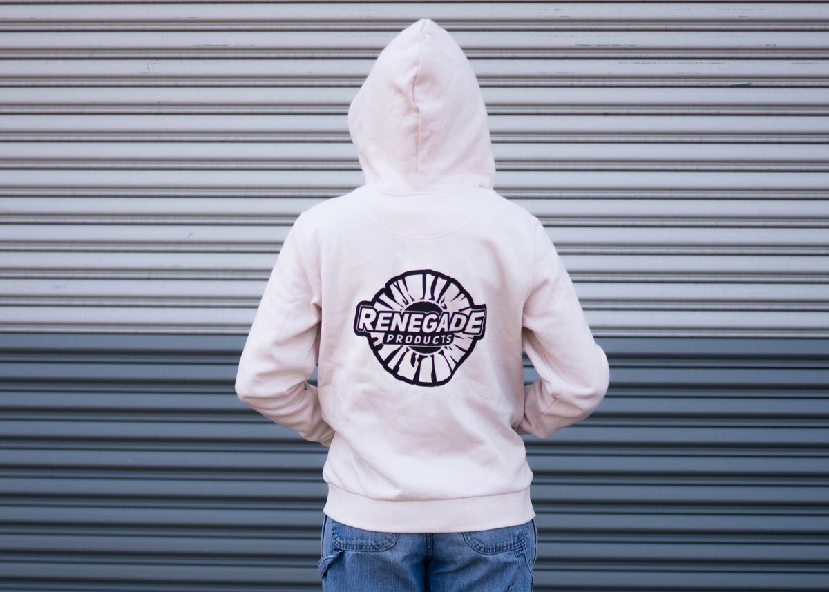 Women&#39;s Renegade Products Hoodie in Black, White, and Blush Pink with Buffing Wheel logo