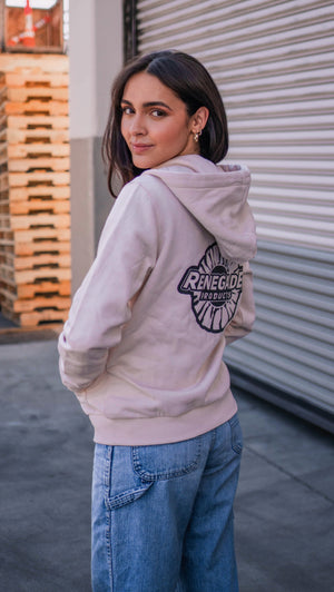 Women wearing a Renegade Products Hoodie in Black, White, and Blush Pink with Buffing Wheel logo.