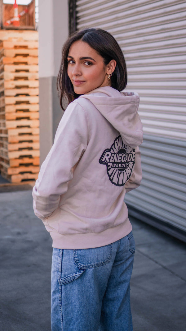 Women wearing a Renegade Products Hoodie in Black, White, and Blush Pink with Buffing Wheel logo.