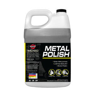 Container of Wicked Metal Polish designed to clean and enhance various metal surfaces, removing oxidation and stains.