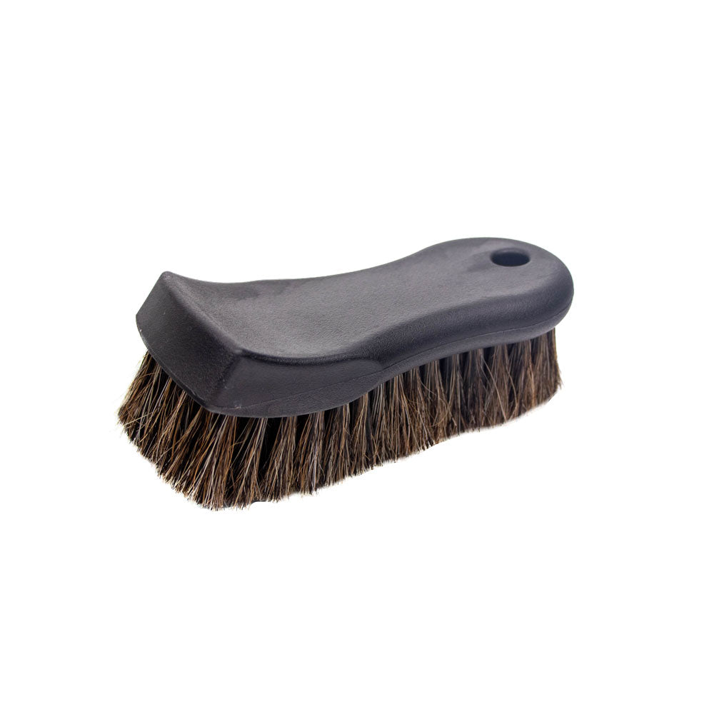 Alt text: Horse Hair Interior Upholstery/Leather Brush with ergonomic handle and long, gentle bristles for cleaning sensitive surfaces.