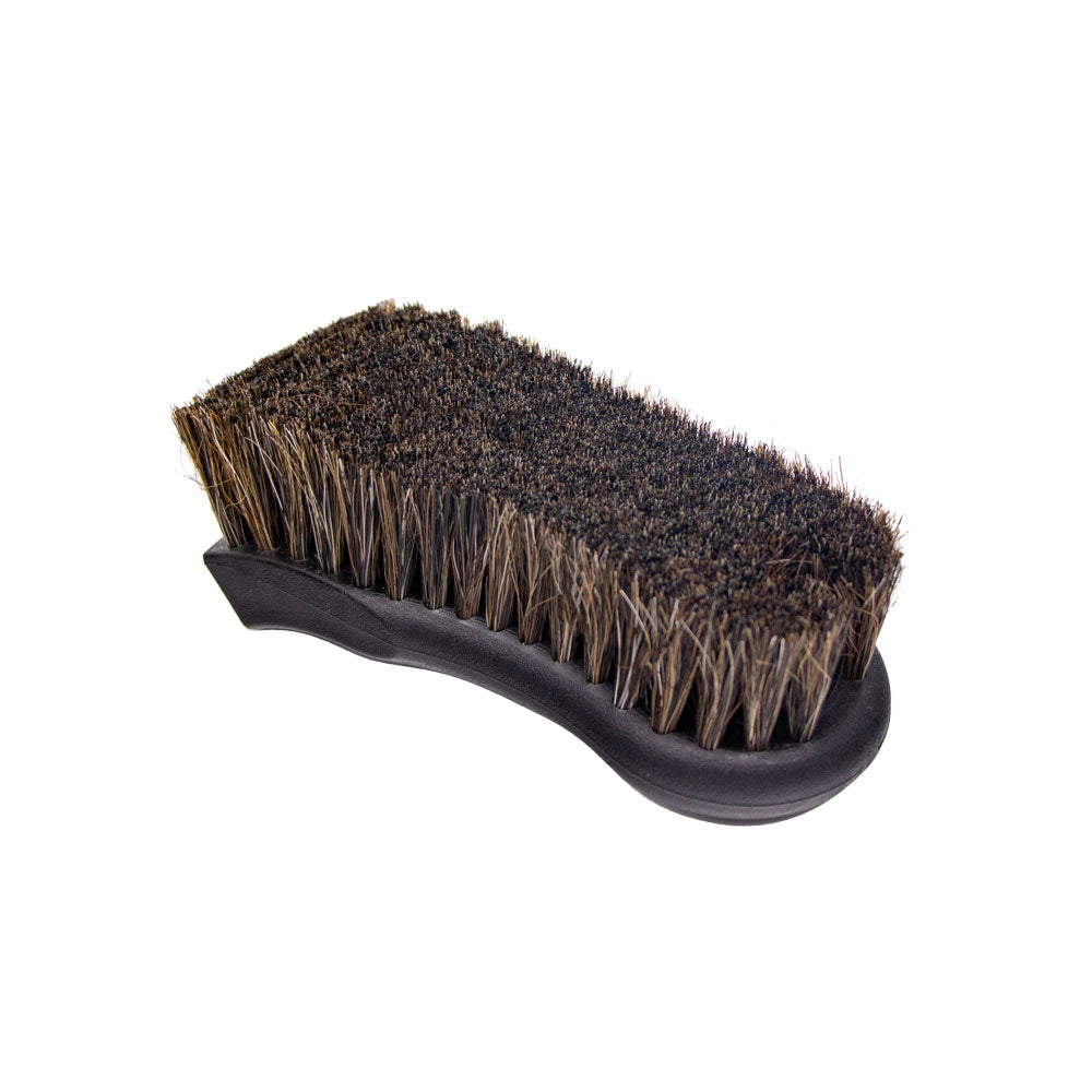 Close-up of a Horse Hair Interior Upholstery/Leather Brush with long, soft bristles and ergonomic handle.