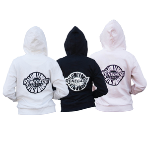 Women wearing Renegade Products Hoodie in Black, White, and Blush Pink with Buffing Wheel logo.